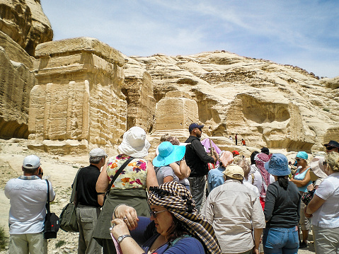 Wadi Musa, Jordan, April 18, 2008 : Numerous tourists take in sights of Petra Nabataean Tourist Historical Reserve near town of Wadi Musa which is home to Petra in Jordan