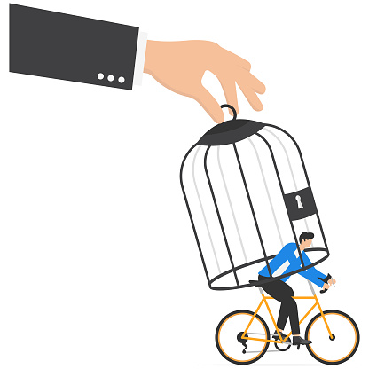 Big hand catching small businessman with Bicycle with birdcage. Modern vector illustration in flat style