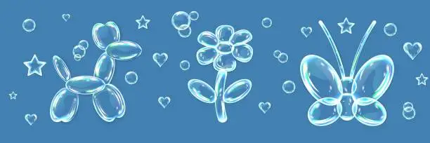 Vector illustration of Set of soap bubbles, water drops in shape of butterfly, flower and dog with shadows on blue background. Vector illustration with water drops.