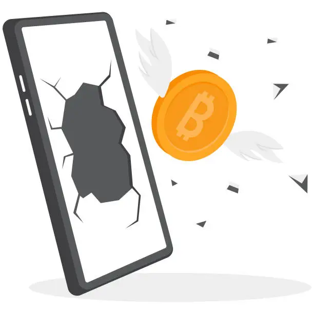 Vector illustration of Bitcoins with wings fly coming out of a smartphone screen. Financial investments in creative projects and into innovation. Business, Company, Funds, gold. Flat vector illustration.
