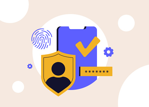 Passwordless authentication. Zero Sign-On, Shield, sign-in form, password and biometric authentication with fingerprint identification for secure accounts and online protection. Vector illustration.