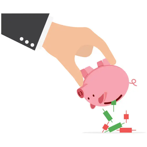 Vector illustration of Stock market crash. Hand businessman Shaking Empty Piggy Bank with No Money inside. Bankruptcy, Investment Decrease, Budget Deficit. Flat vector illustration.