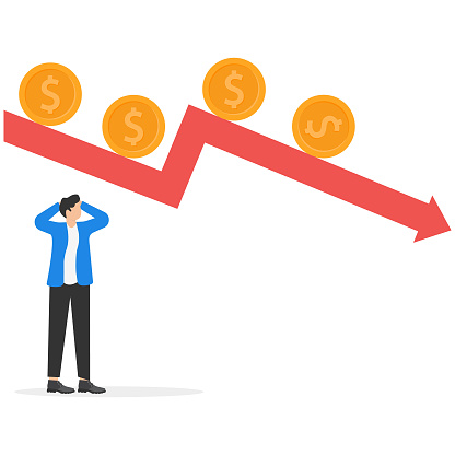 Businessman under a falling graph with golden coins rolling down. Stock market sell off. Financial market. Economic crisis.