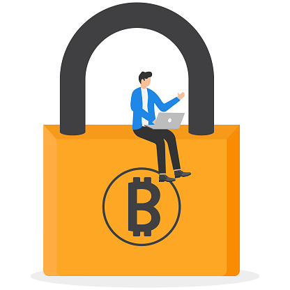 Young businessman men on lock with bit coin sign. Bitcoin security secure transaction payment concept web infographics vector illustration.