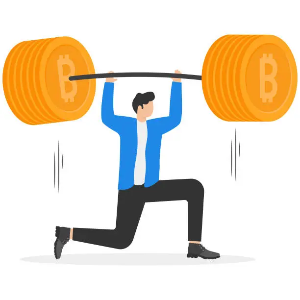 Vector illustration of Confidence businessman lift up heavy bitcoin coins weight. Investment financial literacy, investing expert, effort to earn more money. Vector illustration.