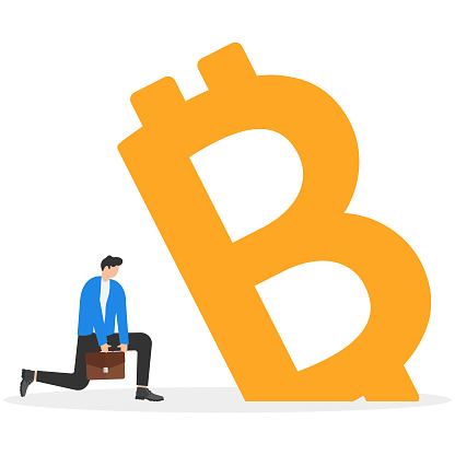 Confused male sitting with fear on Bitcoin symbol. Fear, uncertainty and doubt acronym as FUD in crypto currency trading by spread information.