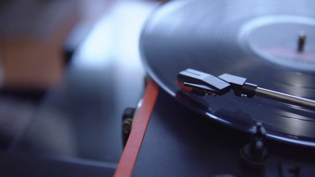 Close-up of Needle on Spinning Vinyl Record