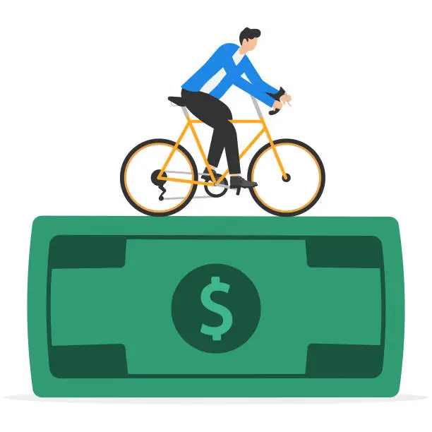 Vector illustration of Businessmen ride bicycles to work to save money on travel to the office. Flat vector illustration.