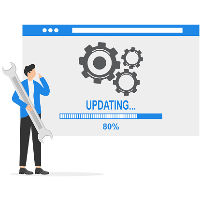 Landing page template of system update concept. Man character uses wrench to upgrade software vector illustration.