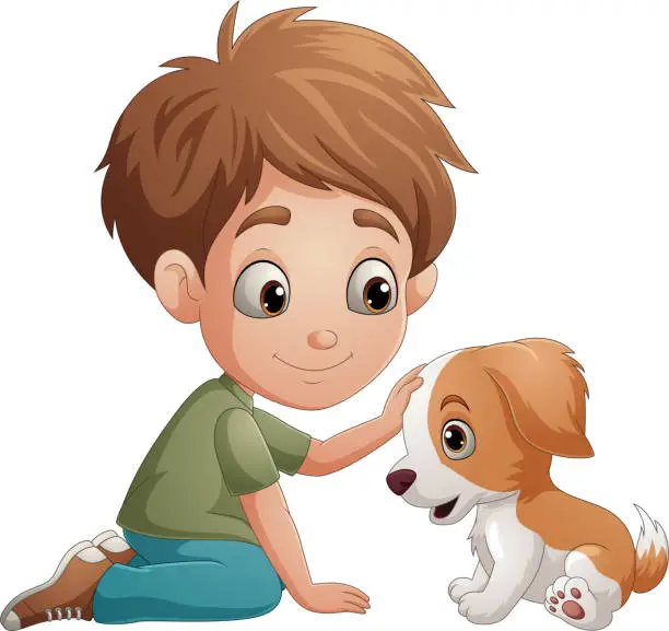 Vector illustration of Cartoon boys stroke a puppy