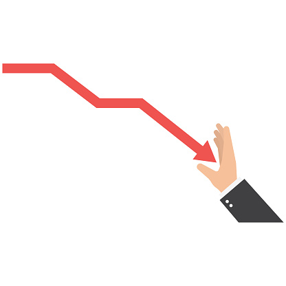 Costs reduction, costs cut, costs optimization, cost crisis financial business concept. Big hand of a businessman with a descending curve or arrow. vector illustration