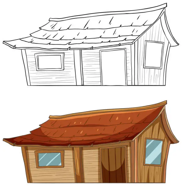 Vector illustration of Two styles of wooden cabins, one colored, one sketched.