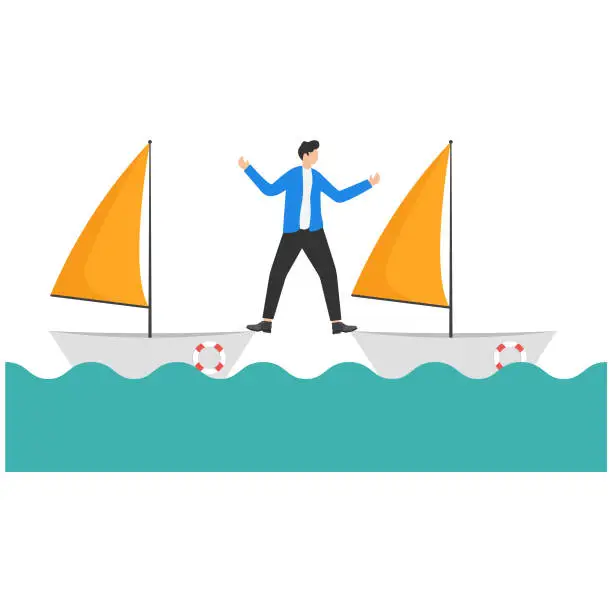 Vector illustration of Businessman standing two paper boats. Concept business vector illustration.