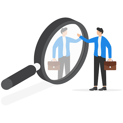 Search for qualified personnel. Selects business candidates for work. Isometric vector cartoon style