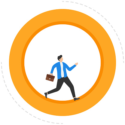 Businessman running inside wheel. Concept business vector illustration.
