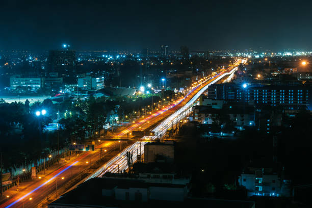 istock vehicle light trails, illuminated night cityscape. long exposure shot, hight angle view, 2137147201