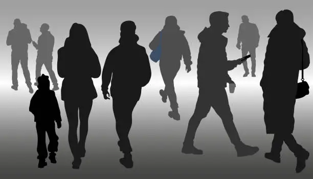 Vector illustration of Silhouettes of 9 active people, men and women, walking in different directions, walking, vector.