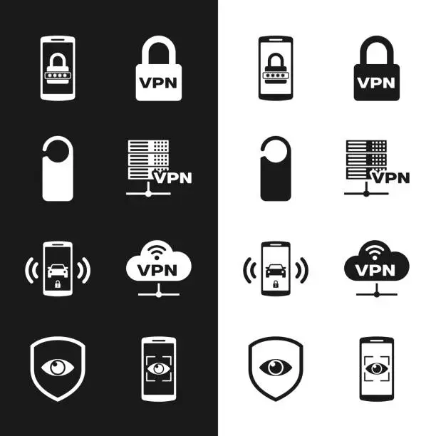 Vector illustration of Set Server VPN, Please do not disturb, Mobile and password, Lock, Smart car alarm system and Network cloud connection icon. Vector