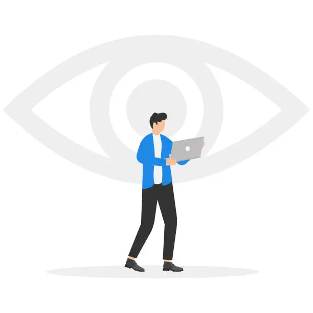 Vector illustration of Big eyeball snooping on the mobile transactions of people. Business vector illustration