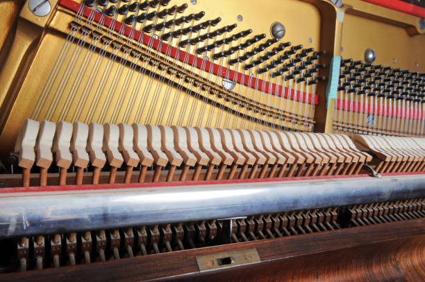 istock Tuner inside of a piano with little hammer 2137180067