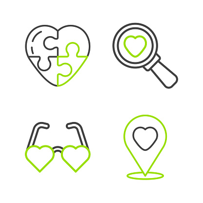 Set line Location with heart Heart shaped love glasses Search and and icon. Vector.