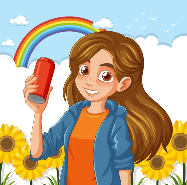 Vector illustration of Cheerful girl holding a can with a rainbow backdrop