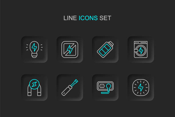 ラインの避雷、コンセント、ドライバー、マグネット、ワッシャー、バッテリー充電、雷なし、クリエイティブランプのアイデアアイコンを設定します。ベクトル - clothes washer flash点のイラスト素材／クリップアート素材／マンガ素材／アイコン素材
