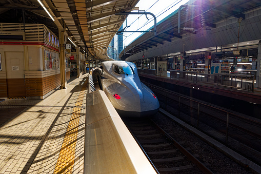 Rear view of Shinkansen high speed train parked at Japanese railway station at City of Tokyo on a sunny winter day. Photo taken January 30th, 2024, Tokyo, Japan.