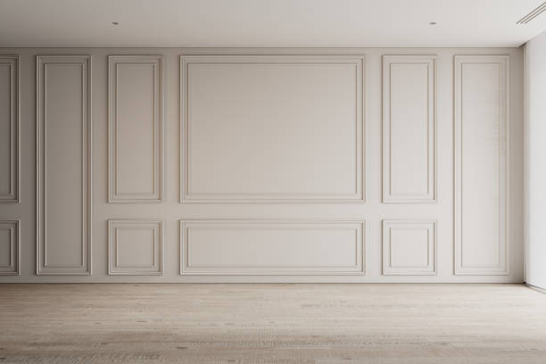 istock Contemporary beige white bright interior with wall panels, moldings. 3d render illustration mockup. 2137213749