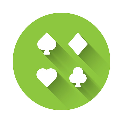White Deck of playing cards icon isolated with long shadow. Casino gambling. Green circle button. Vector.