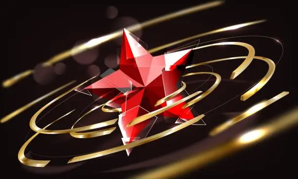 Vector illustration of 3d red star with light ray effect element and glitter glass. Gold rings. Award ceremony background.