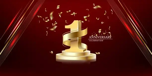 Vector illustration of 1th Anniversary celebration. Gold numbers with glitter gold confetti, serpentine. Festive background. Decoration for party event. One year jubilee celebration. Vector illustration.
