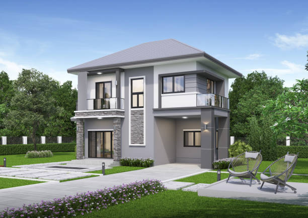 istock Modern house exterior day light with lawn grass.3d rendering 2137241523
