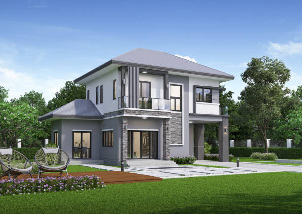 istock Modern house exterior day light with lawn grass.3d rendering 2137241524