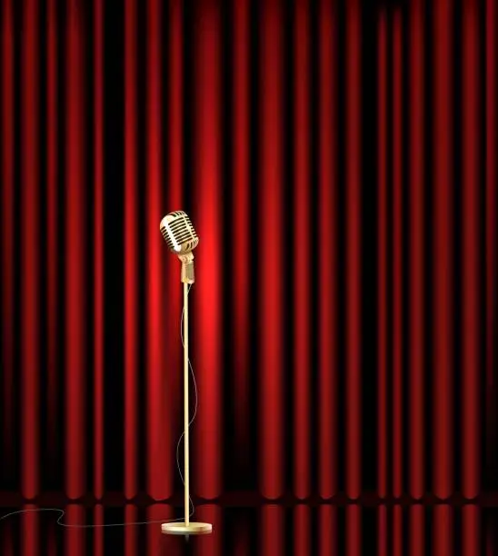 Vector illustration of illustration of Vintage Microphone against curtain backdrop
