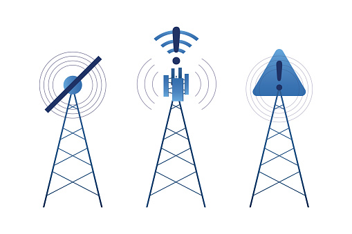 Set of communication towers without signal. No internet connection. Wireless signal unavailable, wifi has no internet. Problems with network, concept. Zone without communication and radio. flat vector