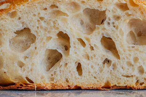 view of interior crumb of sourdough loaf