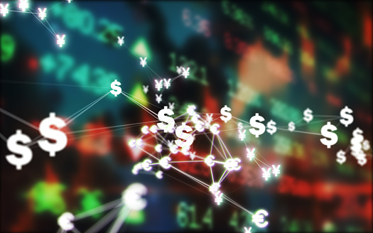 Dollar, Euro, Yen icons connected in plexus shape with currency chart at background