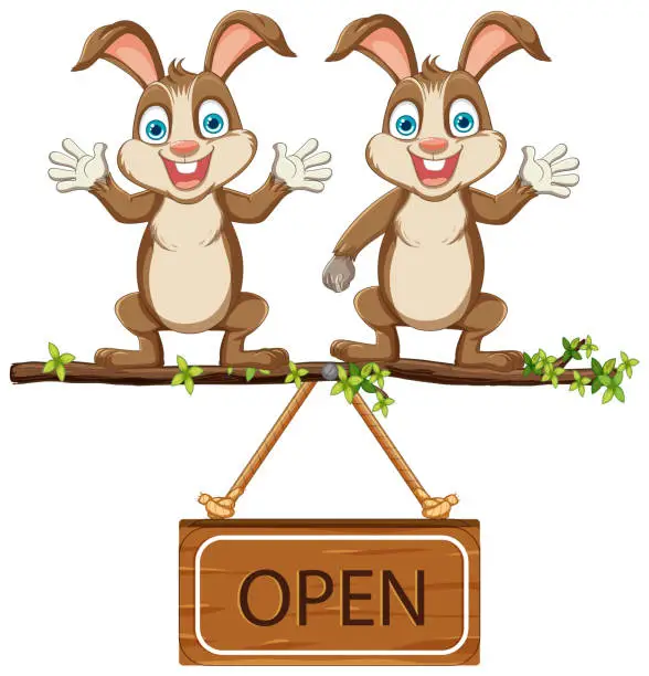 Vector illustration of Two happy rabbits holding a wooden open sign.
