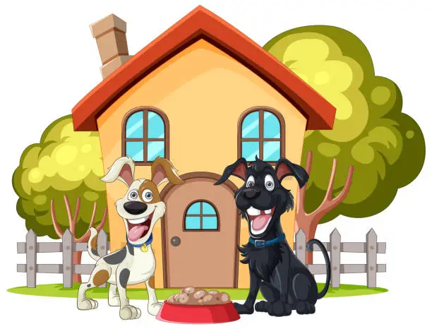 Vector illustration of Two cheerful dogs sitting by a cozy house.