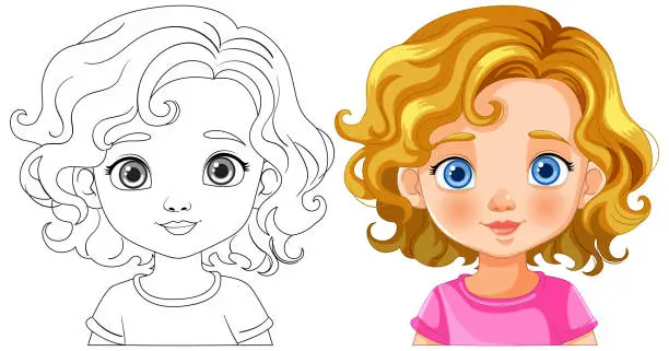 Vector illustration of Vector illustration of a young girl, colored and outlined