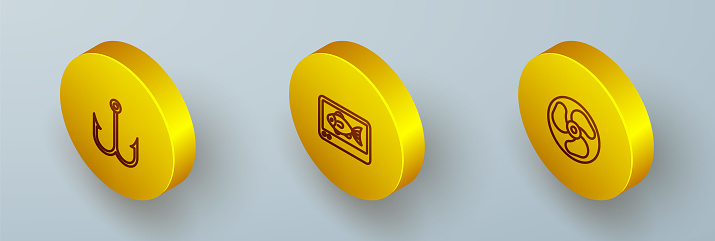 Set Isometric line Fishing hook finder echo sounder and Outboard boat motor icon. Vector.