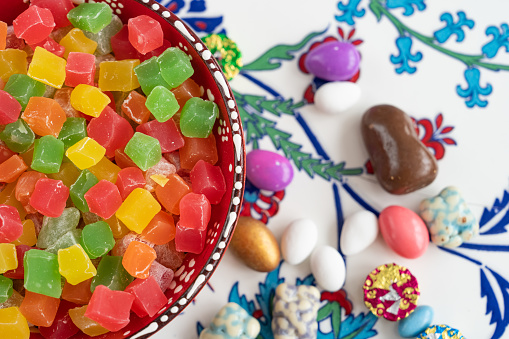 Colorful Eid Mubarak Candy and Chocolate, Ramadan Kareem Concept Photo, Uskudar Istanbul, Turkiye (Turkey)