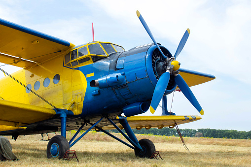 Close-up of a small yellow-blue plane standing in a field. Old propeller plane close-up.
