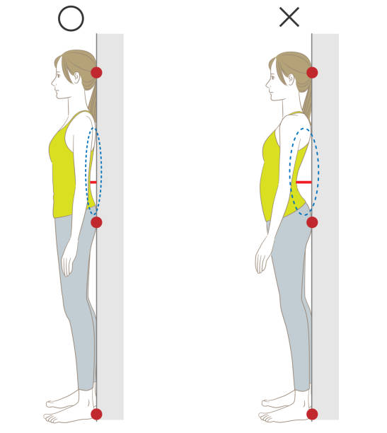 zobacz ilustrację przedstawiającą zakrzywioną talię stojącą plecami do ściany - backache lumbar vertebra human spine posture stock illustrations