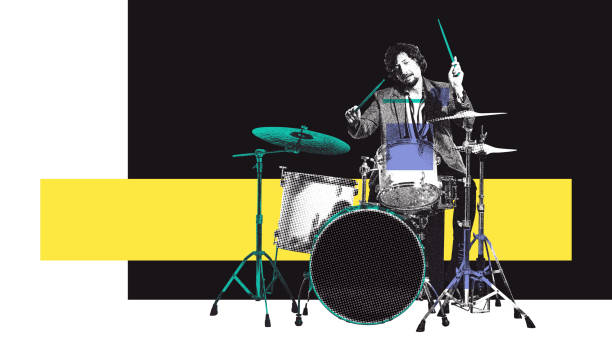 istock Monochrome image of man playing drums over colorful background with abstract elements. Contemporary art collage. 2137296501