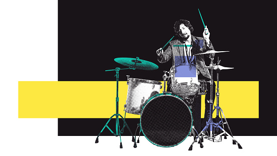 Monochrome image of man playing drums over colorful background with abstract elements. Contemporary art collage. Concept of art, music, festival, concert, performance, show, creativity