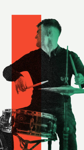 istock Emotional young man playing drums. Monochrome image with duotone elements. Contemporary art collage. 2137296503