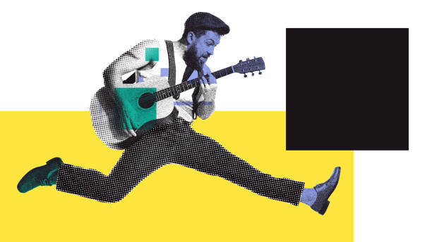istock Retro style. Man playing guitar in motion. Monochrome image with colorful elements. Contemporary art collage. 2137296505
