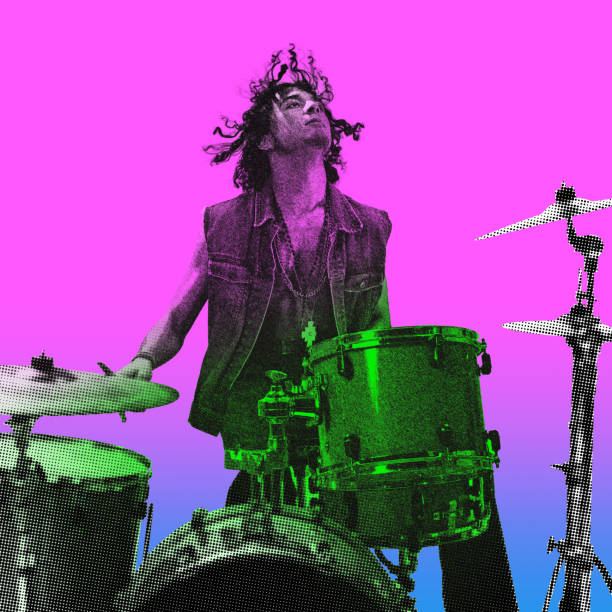 istock Monochrome image of artistic and energetic young guy playing drums. Dynamics and passion. Contemporary art collage. 2137296511